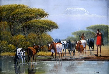 Ganado Vaca Toro Painting - Cruzando el río